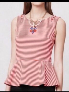 Anthropologie POSTMARK Red White Stripe Peplum Top Size Small